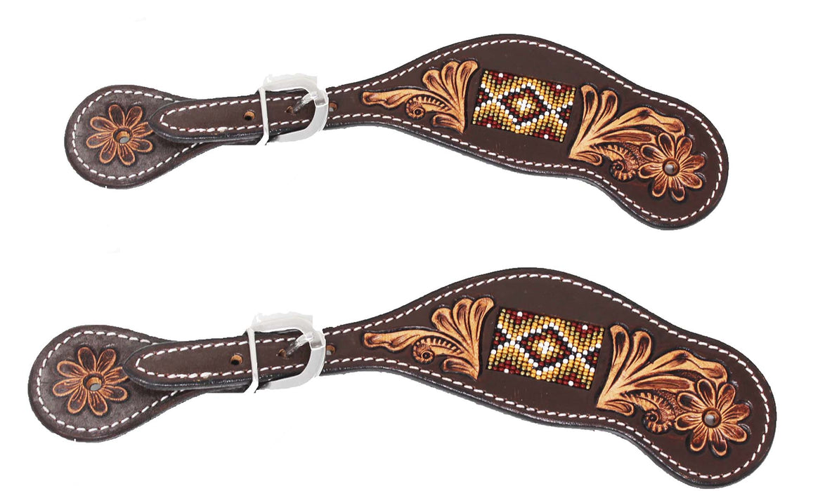 Horse Western Floral Tooled Leather Beaded Inlay Cowboy Rodeo Boots Spur Straps 74192