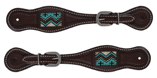 Horse Western Brown Leather Turquoise Cross Beaded Inlay Spur Straps 74AD21