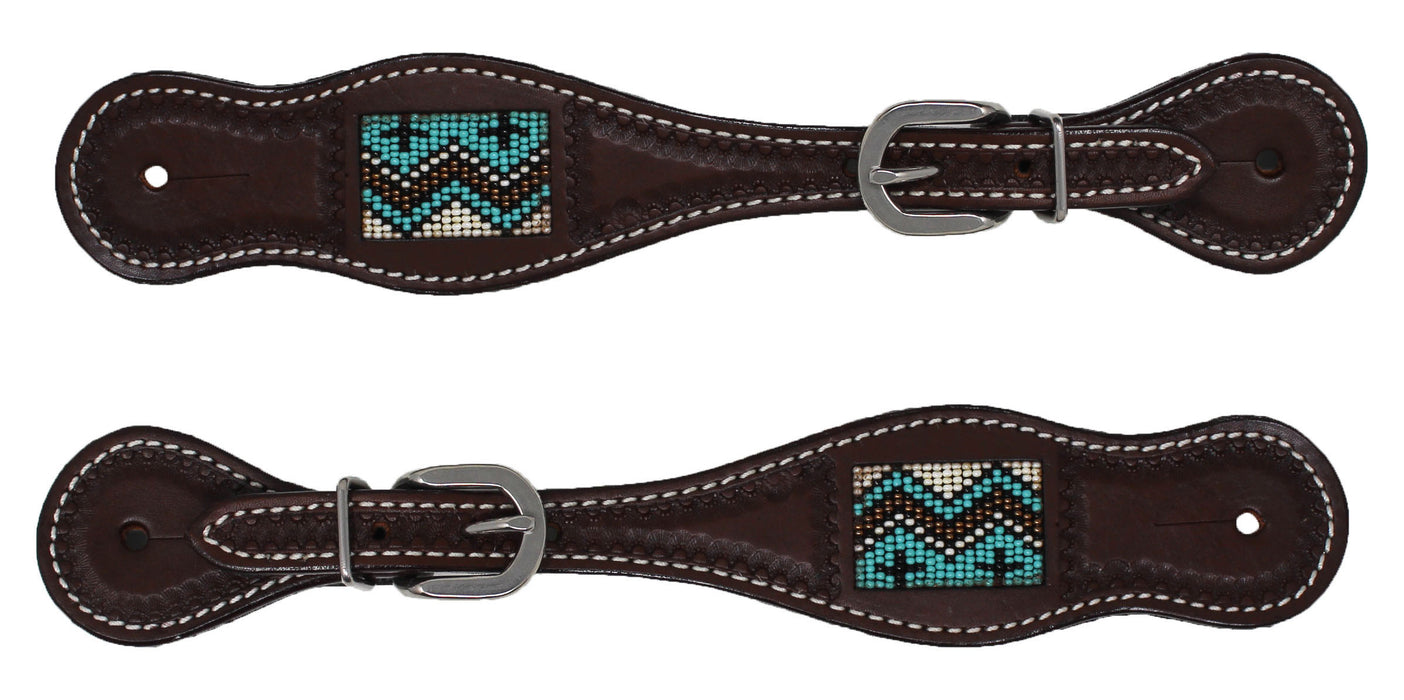 Horse Western Brown Leather Turquoise Cross Beaded Inlay Spur Straps 74AD21