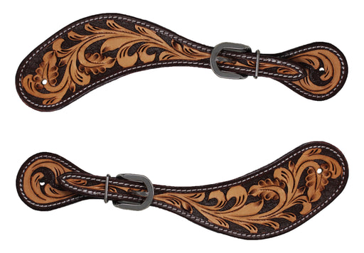 Horse Western Brown Antique Floral Tooled Leather Cross Beaded Inlay Spur Straps 74AD22