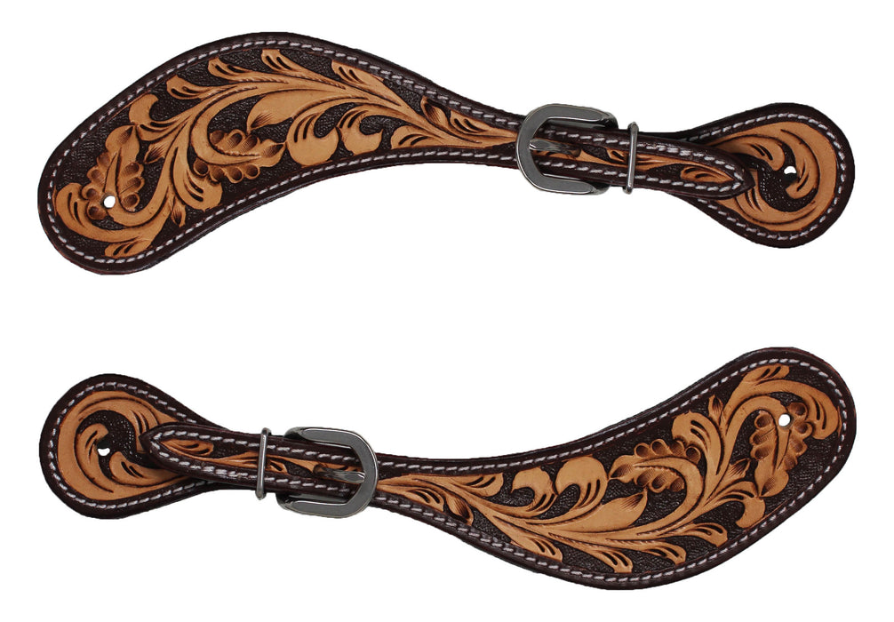 Horse Western Brown Antique Floral Tooled Leather Cross Beaded Inlay Spur Straps 74AD22