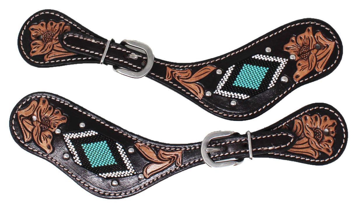 Horse Western Cowboy Boot Leather Antique Floral Tooled Spur Straps 74FKSpurStrap