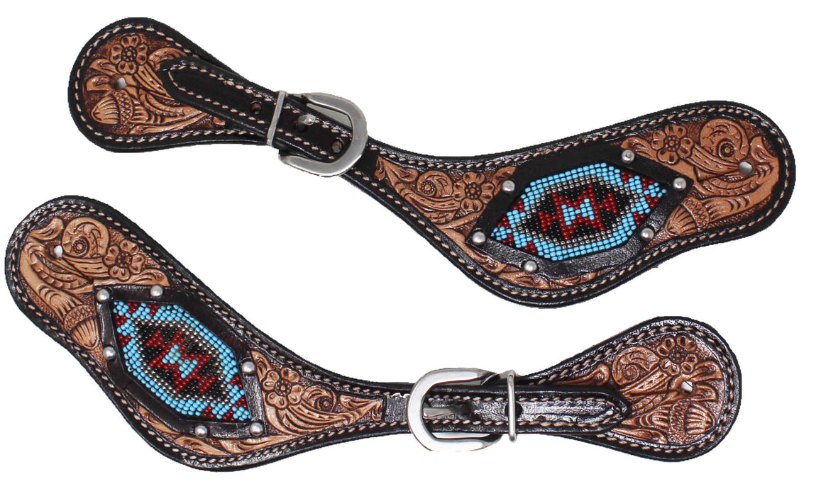 Horse Western Cowboy Boot Leather Antique Floral Tooled Spur Straps 74FKSpurStrap