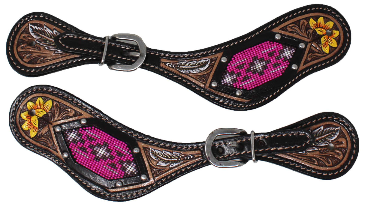 Horse Western Cowboy Boot Leather Antique Floral Tooled Spur Straps 74FKSpurStrap