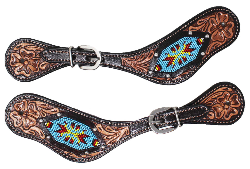Horse Western Cowboy Boot Leather Antique Floral Tooled Spur Straps 74FKSpurStrap