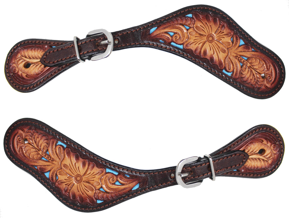 Horse Western Tack Floral Turquoise Inlay Leather Adjustable Boot Spur Straps 74FK18