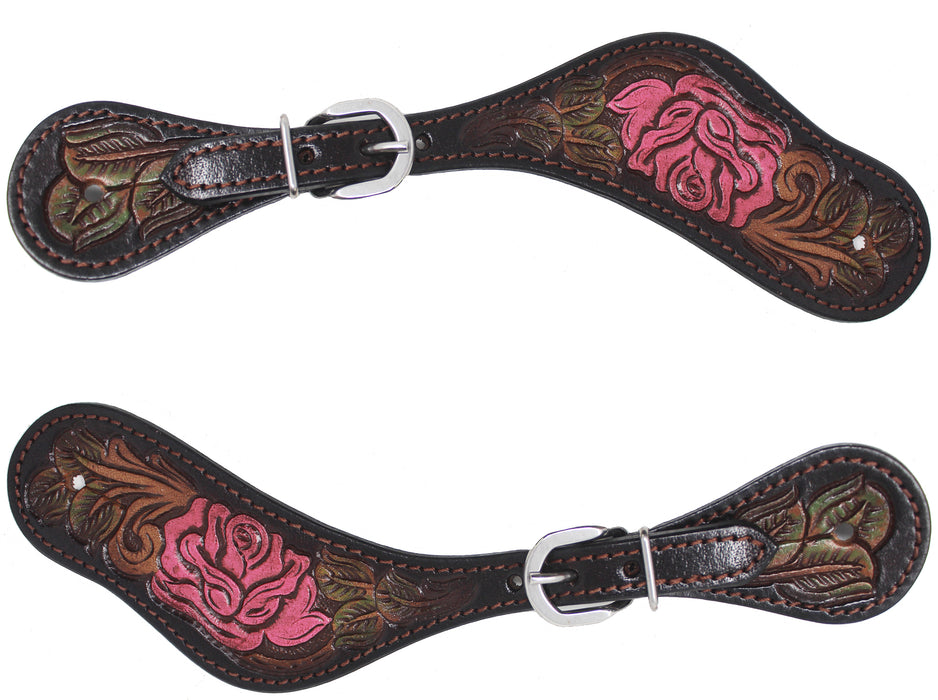 Horse Western Cowboy Boot Leather Antique Floral Tooled Spur Straps 74FKSpurStrap