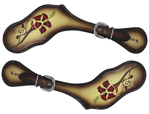 Horse Western Tack Floral Painted Antique Leather Adjustable Boot Spur Straps 74FK23