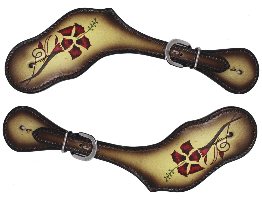 Horse Western Tack Floral Painted Antique Leather Adjustable Boot Spur Straps 74FK23