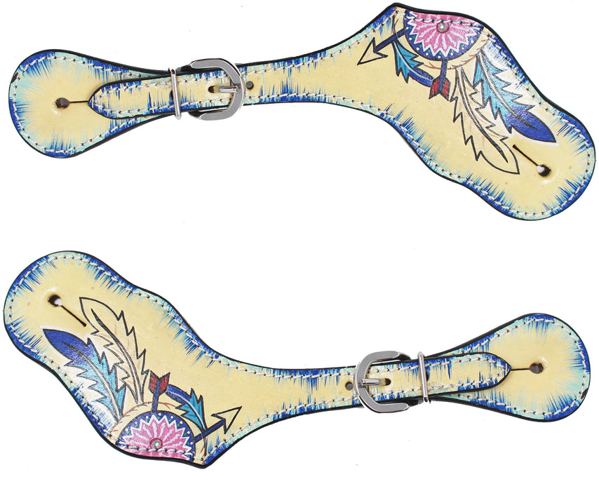 Horse Western Tack Dreamcatcher Painted Leather Adjustable Boot Spur Straps 74FK25