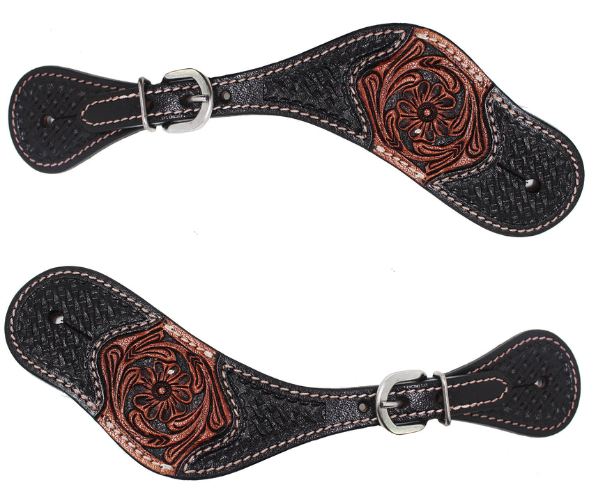 Horse Western Cowboy Boot Leather Antique Floral Tooled Spur Straps 74FKSpurStrap