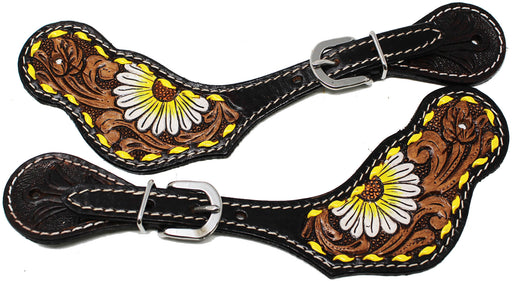 Horse  Western Cowboy Boot Leather Sunflower Tooled Spur Straps 74HR10