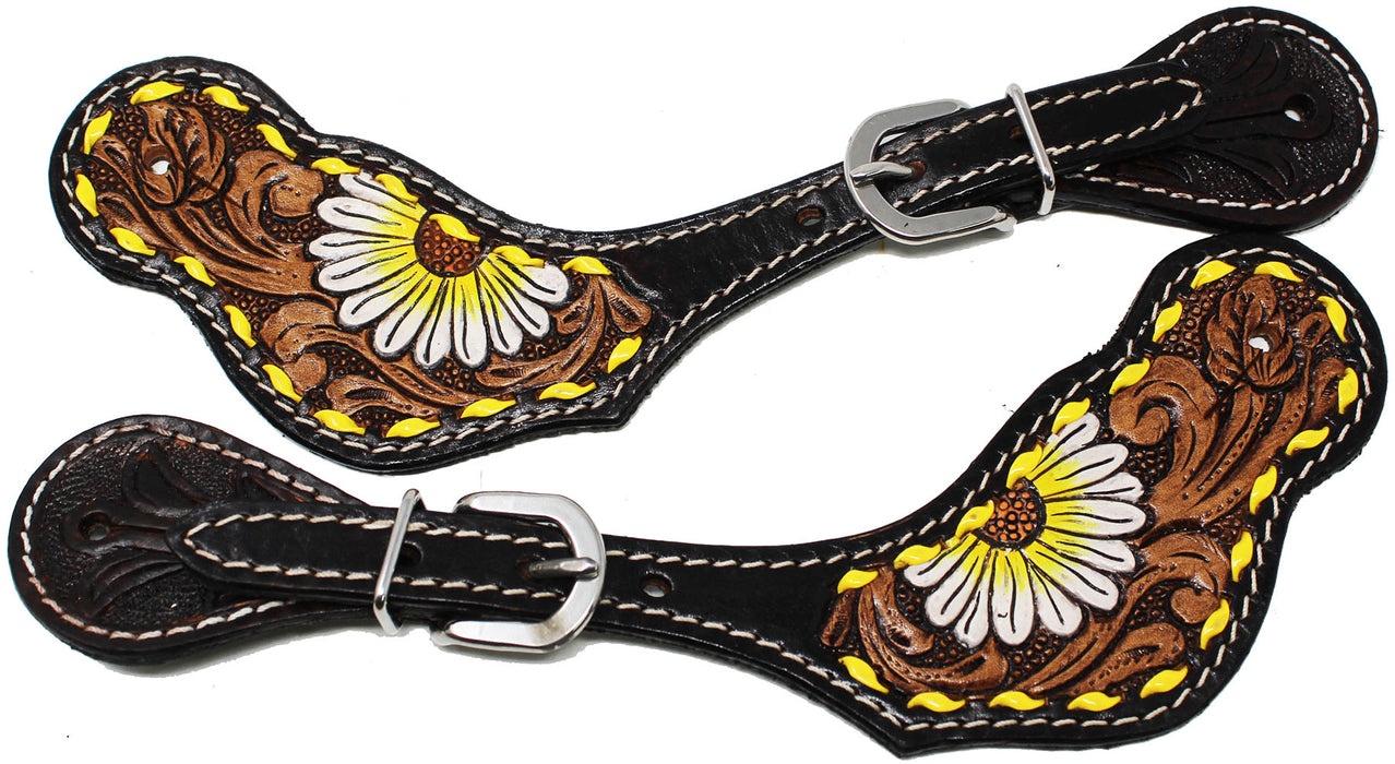 Horse  Western Cowboy Boot Leather Sunflower Tooled Spur Straps 74HR10