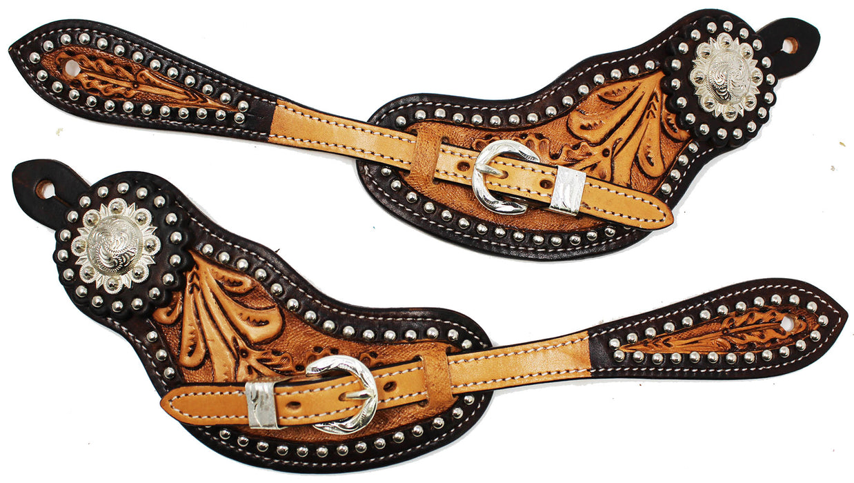 Horse Western Tooled Leather Studded Cowboy Boots Spur Straps 74RT01