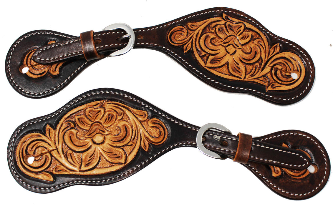 Horse Western Tooled Leather Cowboy Boots Spur Straps 74RT0107