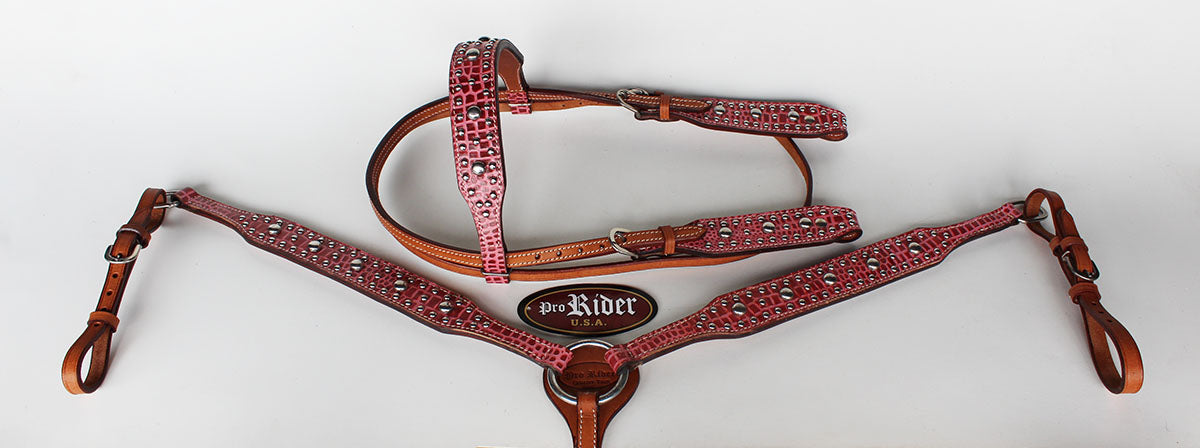 Horse Show Bridle Western Leather Headstall Breast Collar Tack Pink 76116