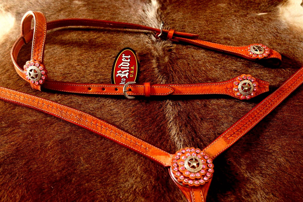 Horse Western Riding Leather Bridle Headstall Breast Collar Tack Pink 76132