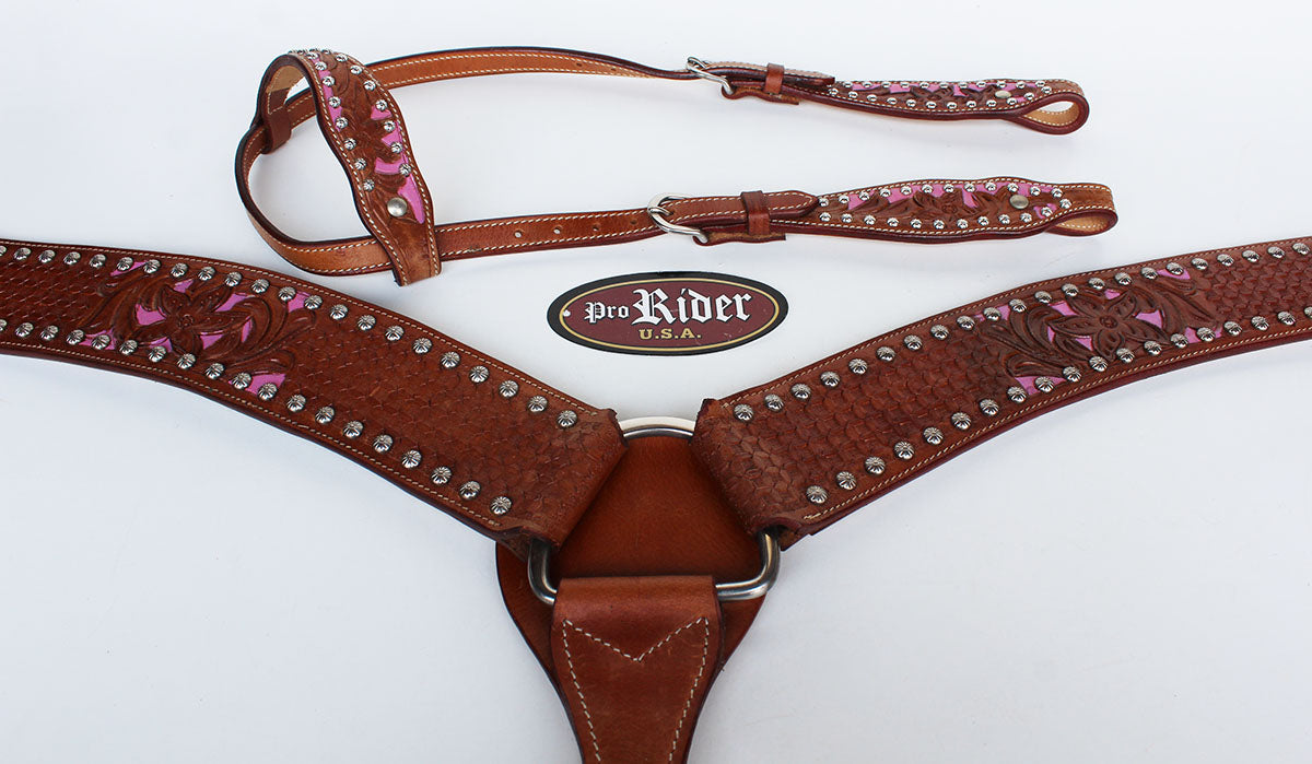 Horse Show Bridle Western Leather Headstall Breast Collar Tack Pink 76177