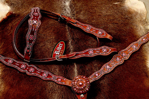 Horse Western Riding Leather Bridle Headstall Breast Collar Tack Pink 7665