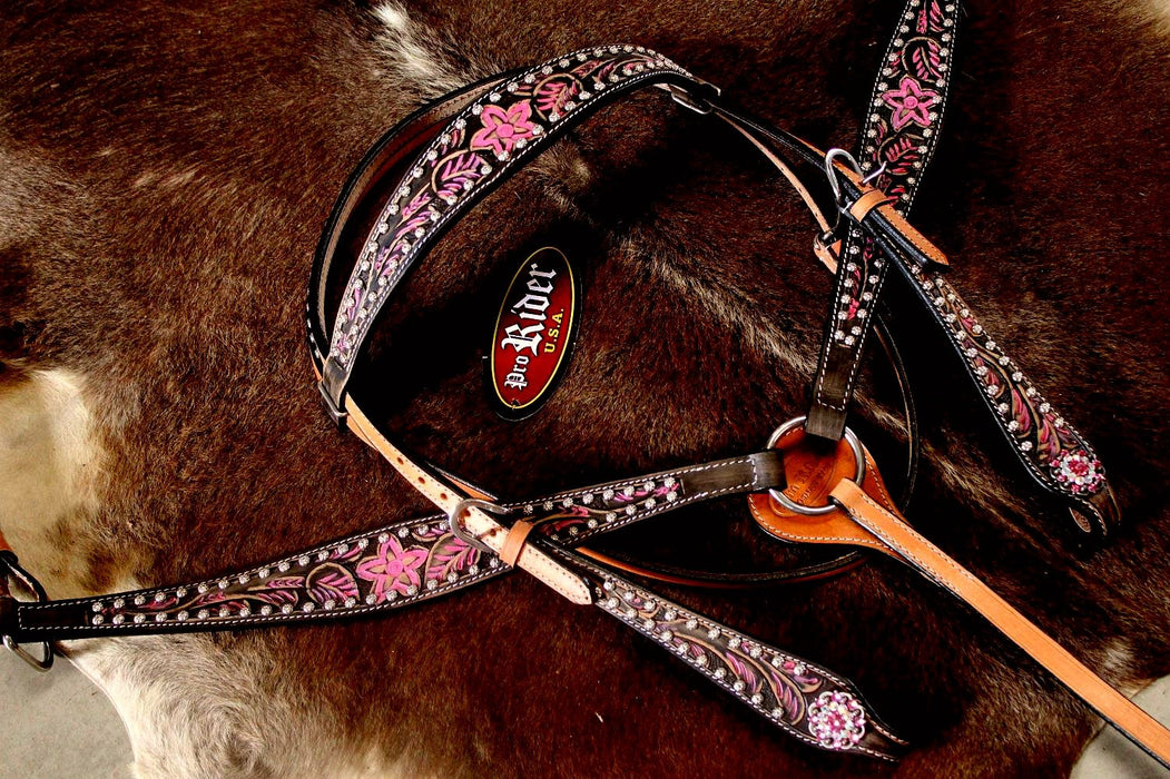 Horse Western Riding Leather Bridle Headstall Breast Collar Tack Pink Rodeo 7680