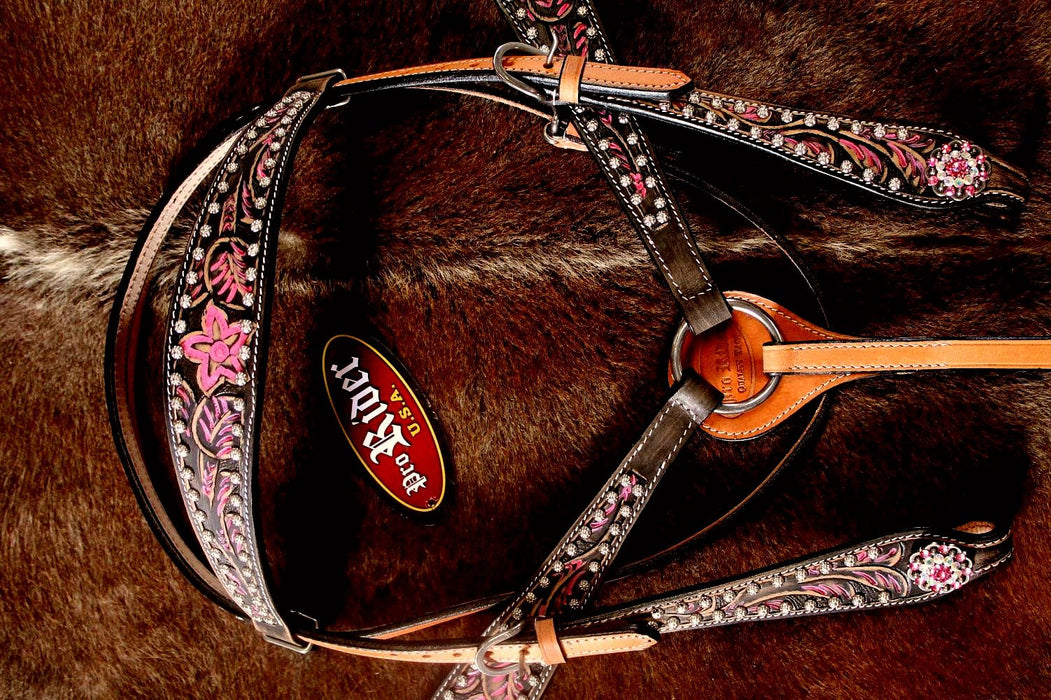 Horse Western Riding Leather Bridle Headstall Breast Collar Tack Pink Rodeo 7680