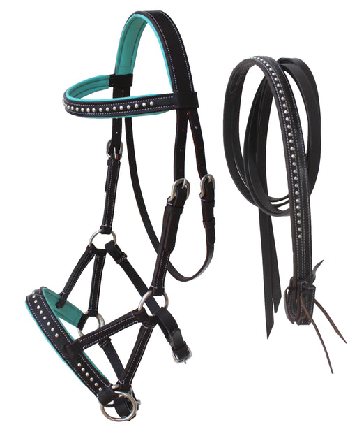 Horse Western English Brown Leather Bitless Sidepull Padded Bridle Reins Teal 7708BRT