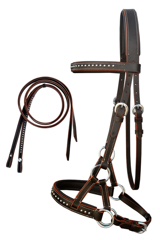 ENGLISH WESTERN HORSE LEATHER BITLESS BRIDLE SIDEPULL HALTER REINS BROWN 7708BRF