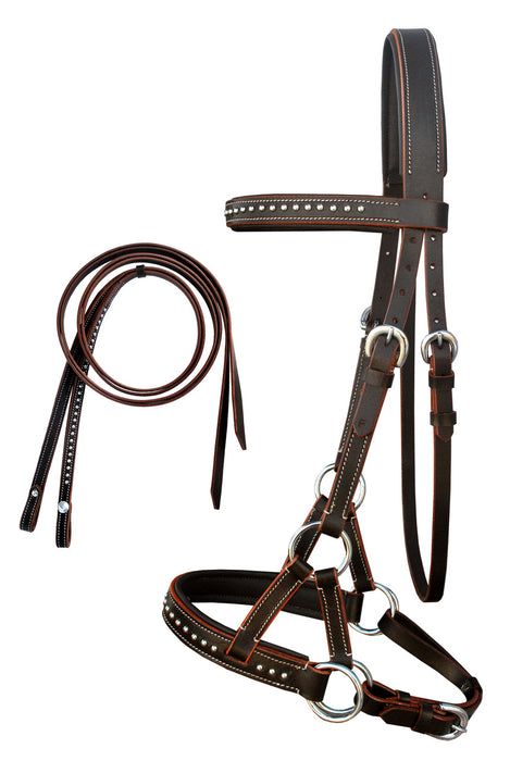 ENGLISH WESTERN HORSE LEATHER BITLESS BRIDLE SIDEPULL HALTER REINS BROWN 7708BRF