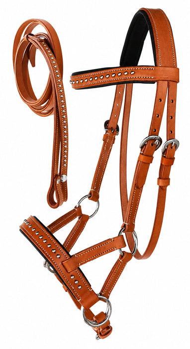 Horse Western Leather Training Tack Bitless Sidepull Bridle w/ Reins 7708TN-F