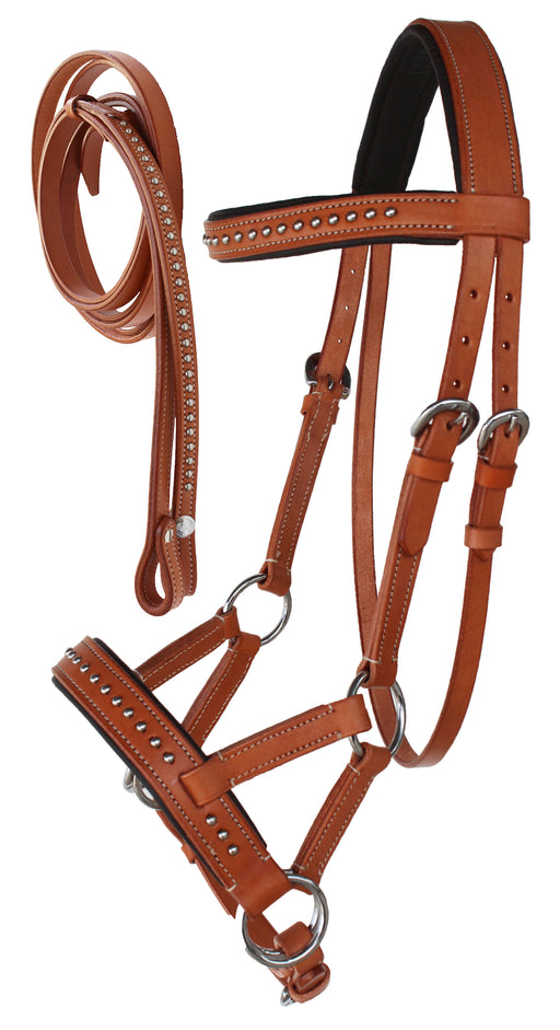 Horse Western Cob  Leather Training Tack Bitless Sidepull Bridle w/ Reins 7708TN-C