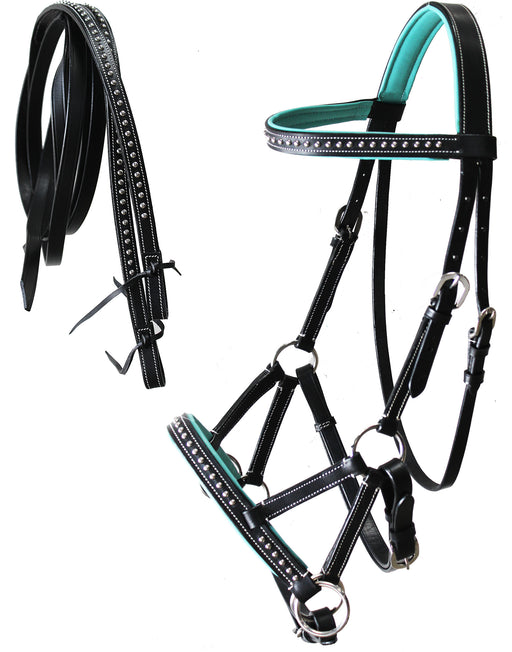 Horse Western English Leather Bitless Sidepull Bridle Reins Black Cob 7708BK-C