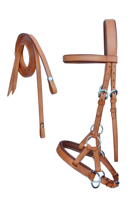 Horse Western Leather Padded Bitless Sidepull Bridle Reins 7709