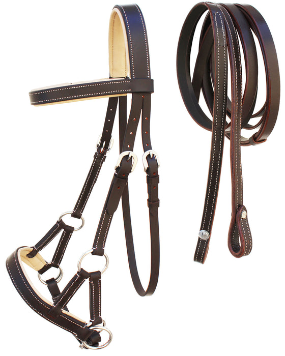 Horse Western Brown Leather Training Tack Bitless Sidepull Bridle Reins 7710