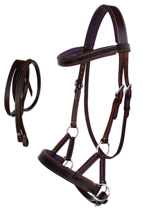 Horse Western Brown Leather Training Tack Bitless Sidepull Bridle Reins 7710