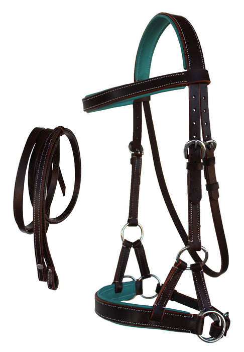 Horse Western Brown Leather Training Tack Bitless Sidepull Bridle Reins 7710