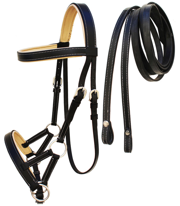 Horse Western Brown Leather Training Tack Bitless Sidepull Bridle Reins 7711