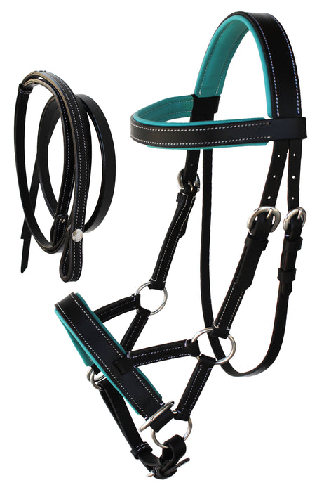 Horse Western Brown Leather Training Tack Bitless Sidepull Bridle Reins 7711