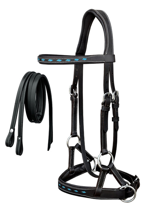 Leather Turquoise BuckStitch Bitless Sidepull Bridle Reins 7714