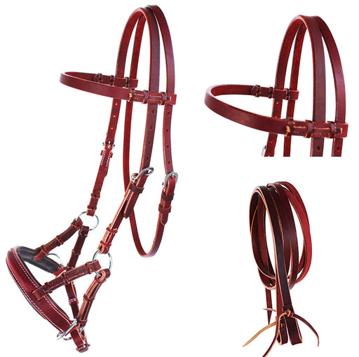 Horse Western English Leather Bitless Sidepull Bridle w/ Split Reins 77RS11