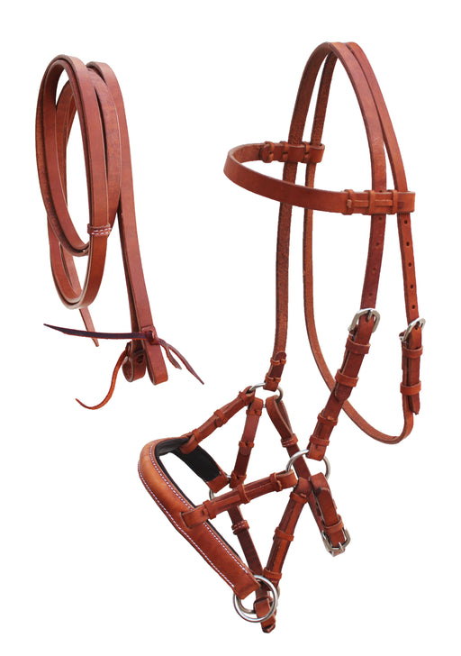 Horse Western Tan Leather Tack Bitless Sidepull Training Bridle Reins 77RS01