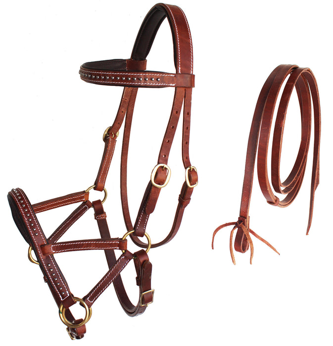 Horse Western Leather Tack Studded Bitless Sidepull Bridle Reins 77RS03