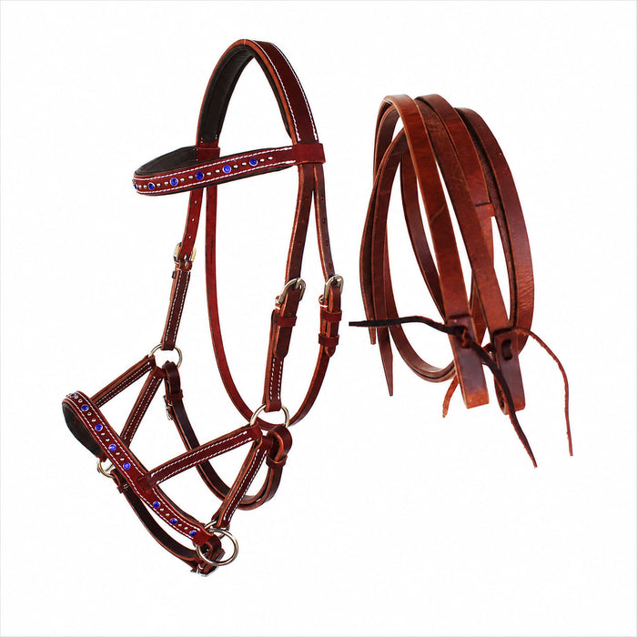 Horse Western Leather Beaded Bitless Sidepull Bridle Reins Rhinestone
