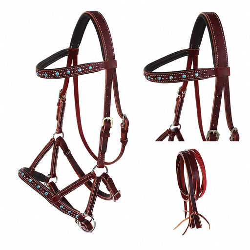 Horse Western Leather Beaded Bitless Sidepull Bridle Reins Rhinestone