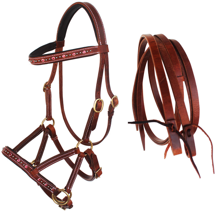 Horse Western Leather Beaded Bitless Sidepull Bridle Reins 77RS06PK-F