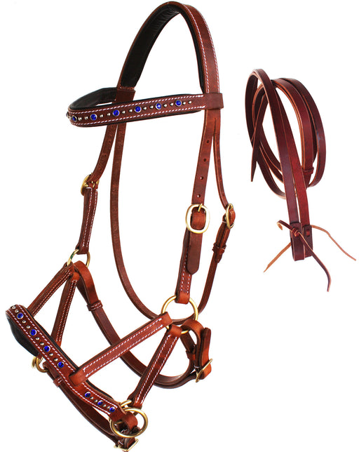 Horse Western Leather Beaded Bitless Sidepull Bridle Reins 77RS06RB-F