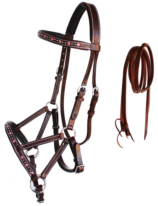 Horse Western Leather Tack Beaded Bitless Sidepull Bridle Reins Brown 77RS07