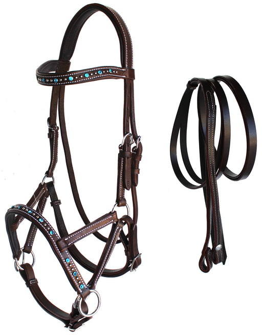 Horse Western Leather Tack Beaded Bitless Sidepull Bridle Reins Brown 77RS07