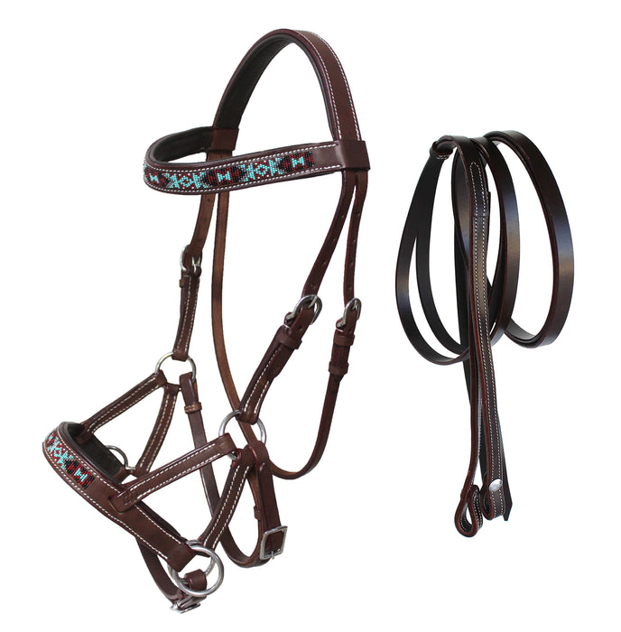 Horse Western Leather Training Tack Bitless Sidepull Beaded Bridle Reins 77RS12BR