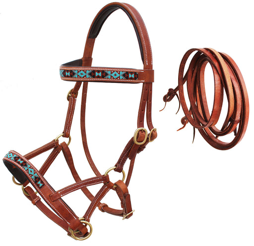 Horse Western Leather Training Tack Bitless Sidepull Beaded Bridle Reins 77RS12TN