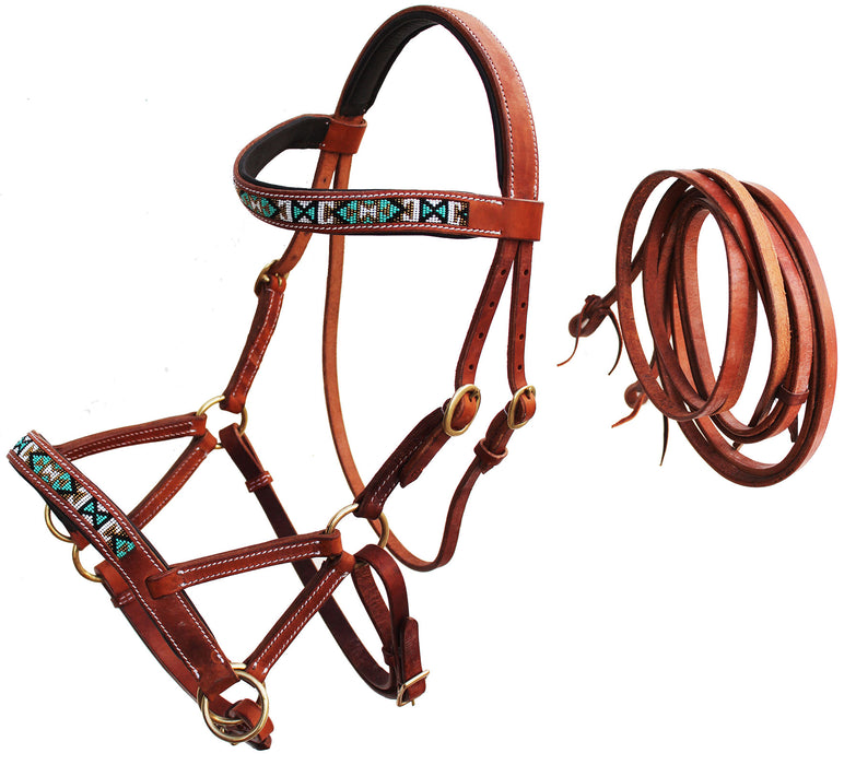 Horse Western Leather Training Tack Bitless Sidepull Beaded Bridle Reins 77RS13TN